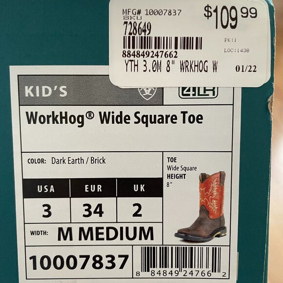 NIB Ariat Kid's Dark Earth Workhog Wide Square Toe Leather Boots. Cowboy Cowgirl - Picture 14 of 15